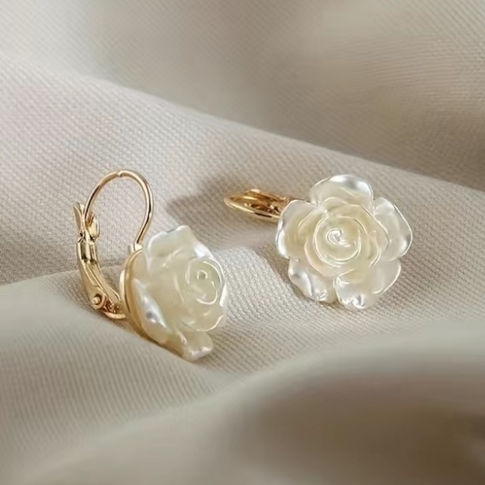 Pearl White Rose Drop Earrings with Gold Tone Hooks